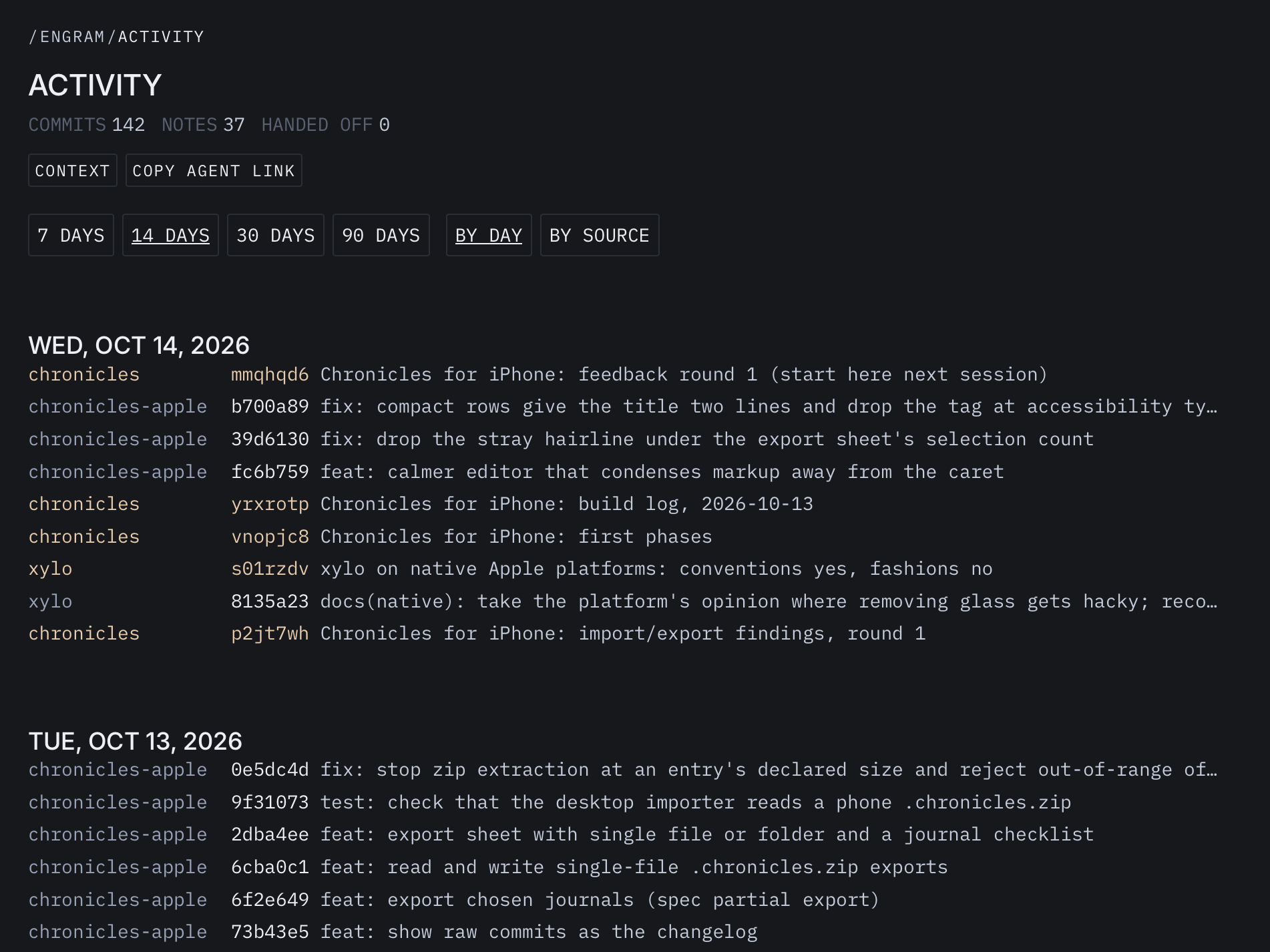 A unified activity feed to more quickly see the bots commits and notes across all my projects